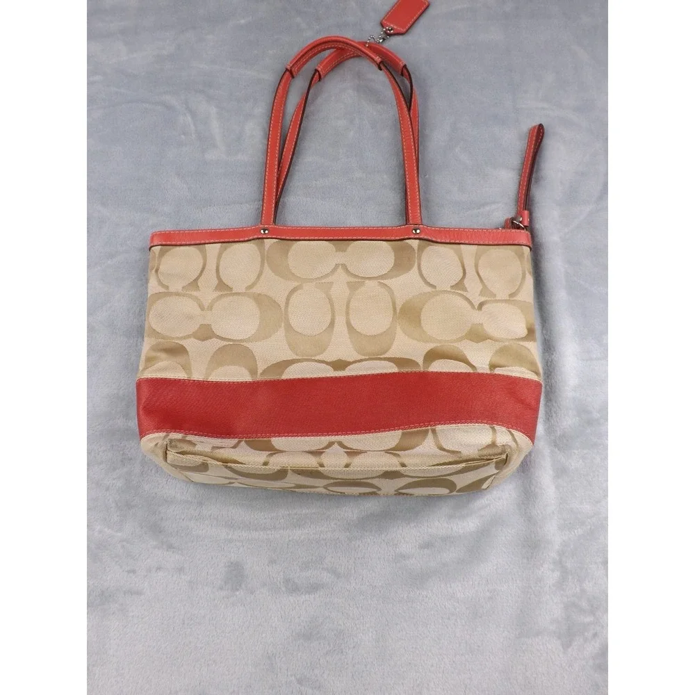 Coach Signature Stripe Tote/Bag/Purse Pink & Khaki Leather & Canvas E1020-F15112
